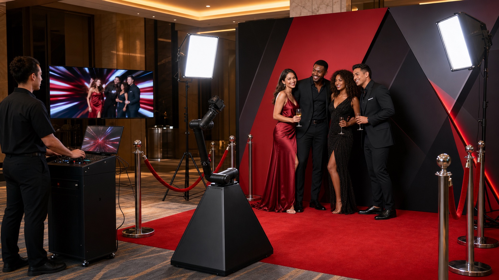 Red Carpet Robot Jr. complete glambot activation with posing guests, red carpet, backdrop, lighting, television and operator console
