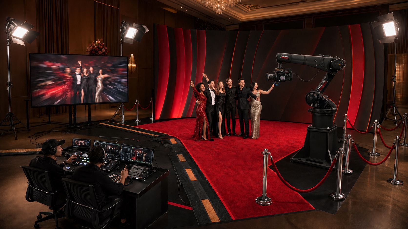 Example Red Carpet Robot Max premium glambot setup with cinema camera mounted to the KUKA robot, large backdrop, red carpet, stanchions, television, cinema lighting, operator console and posing gala guests